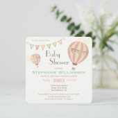 Niedliche Pastel Bunting & Hot Air Balloons Babydu Einladung (Stehend Vorderseite)