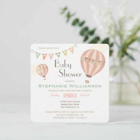 Niedliche Pastel Bunting & Hot Air Balloons Babydu Einladung (Stehend Vorderseite)