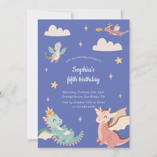 Niedliche Pastel Dragons Kindergeburtstag Party Einladung (Vorderseite)