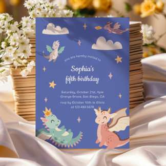 Niedliche Pastel Dragons Kindergeburtstag Party Einladung