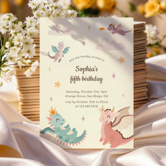 Niedliche Pastel Dragons Kindergeburtstag Party Einladung