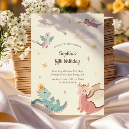 Niedliche Pastel Dragons Kindergeburtstag Party Einladung