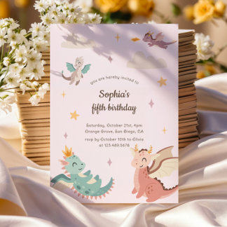 Niedliche Pastel Dragons Kindergeburtstag Party Einladung