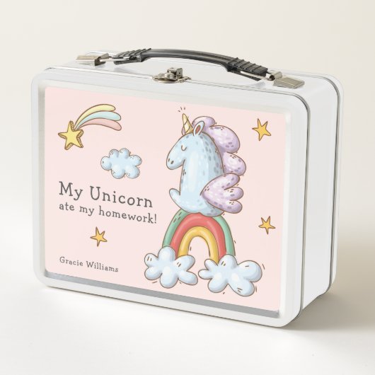Niedliche Pastel Funny Unicorn Ate Meine Hausaufga Metall Brotdose (Vorderseite)