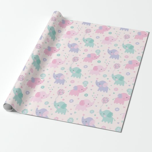 Niedliche Pastel Kleine Elefanten Rosa Lila Minze Geschenkpapier (Ungerollt)