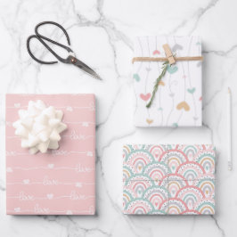 Niedliche Pastel-Liebe Hört Regenbogenwackelpapier Geschenkpapier Set
