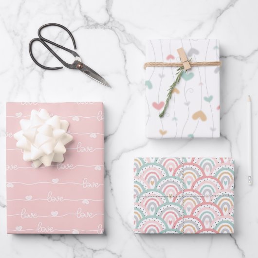 Niedliche Pastel-Liebe Hört Regenbogenwackelpapier Geschenkpapier Set (Vorderseite)