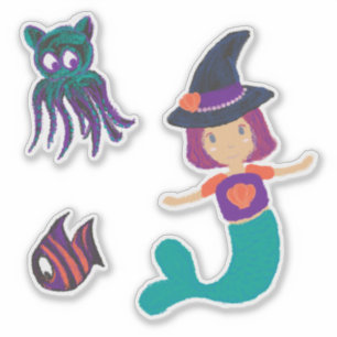 Niedliche Pastel Mermaid Hexe und Spooky Friends Aufkleber