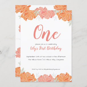 Niedliche Pastel Peonies Baby Girl's 1. Geburtstag Einladung