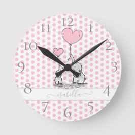 Niedliche Pastel Polka Dot Pink Baby und Mama Elef Runde Wanduhr