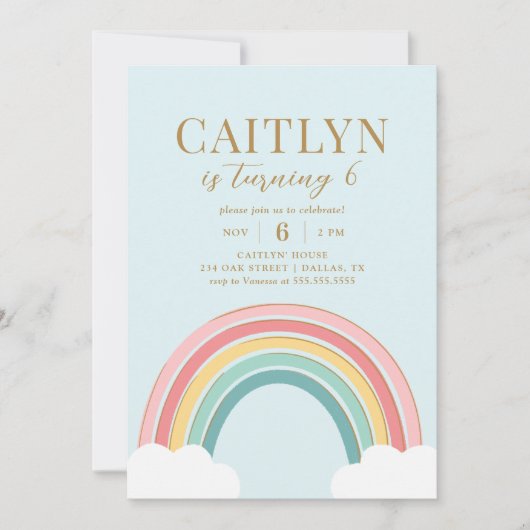 Niedliche Pastel Rainbow Girl Geburtstag Einladung (Vorderseite)