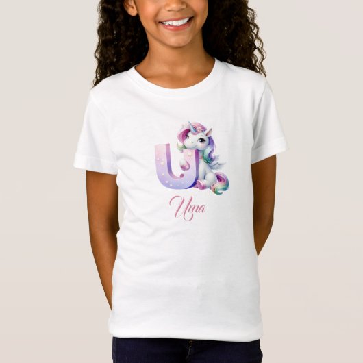 Niedliche Pastel Rainbow Unicorat Letter U Monogra T-Shirt (Vorderseite)