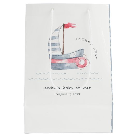 Niedliche Pastel Red Blue Sailboat Babydusche Mittlere Geschenktüte (Rückseite)