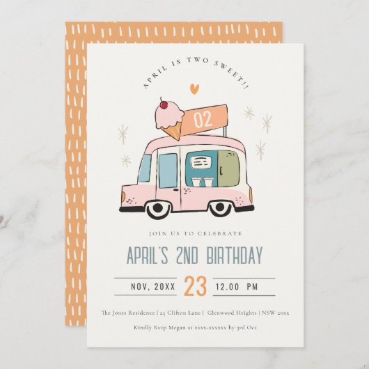 Niedliche Pastel Sweet Two Ice Cream Truck 2. Gebu Einladung (Vorne/Hinten)