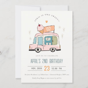Niedliche Pastel Sweet Two Ice Cream Truck 2. Gebu Einladung