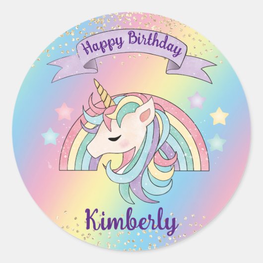 Niedliche Pastel Unicorn & Funkelnd Rainbow Gold G Runder Aufkleber (Vorderseite)