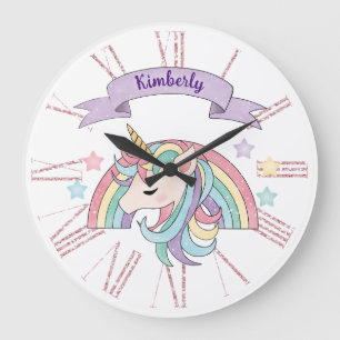Niedliche Pastel Unicorn & Funkelnd Rainbow Indivi Große Wanduhr