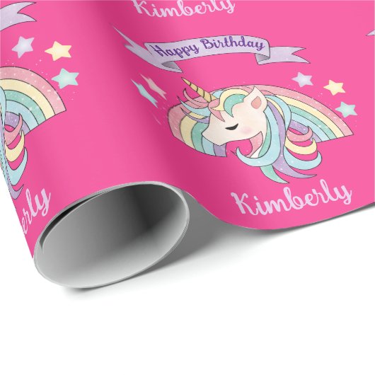 Niedliche Pastel Unicorn & Funkelnd Regenbogen auf Geschenkpapier (Rolleneckpunkt)