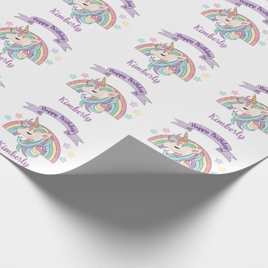 Niedliche Pastel Unicoron und Funkelnd Regenbogen Geschenkpapier (Ecke)