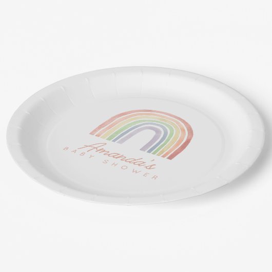 Niedliche Pastel Watercolor Rainbow Kinderdusche Pappteller (Schrägansicht)