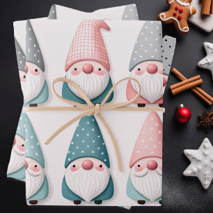 Niedliche Pastel Weihnachtsgnomen, Rosa Blau Grau Geschenkpapier Set