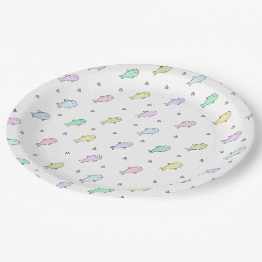 Niedliche Pastel Whales Kinderdusche oder Kinderge Pappteller (Schrägansicht)