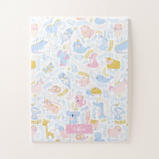 Niedliche Pastel Zoo Tier Mit Monogramm Girl Pink Puzzle (Vertikal)