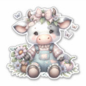 Niedliche Pastell Babykuh in Overalls mit Blume Aufkleber (Vorderseite)