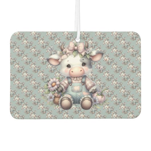 Niedliche Pastell Babykuh in Overalls mit Blume Autolufterfrischer (Vorderseite)