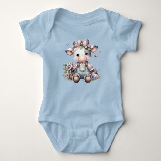 Niedliche Pastell Babykuh in Overalls mit Blume Baby Strampler (Vorderseite)