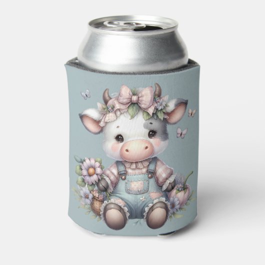 Niedliche Pastell Babykuh in Overalls mit Blume Dosenkühler (Kanne Rückseite)