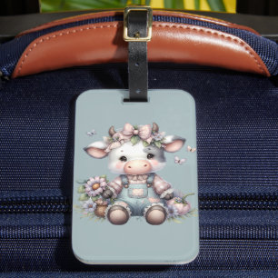 Niedliche Pastell Babykuh in Overalls mit Blume Gepäckanhänger