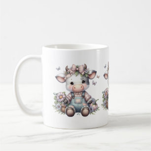 Niedliche Pastell Babykuh in Overalls mit Blume Kaffeetasse
