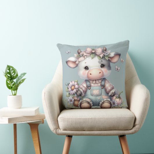 Niedliche Pastell Babykuh in Overalls mit Blume Kissen (Stuhl )