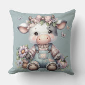 Niedliche Pastell Babykuh in Overalls mit Blume Kissen (Vorderseite)