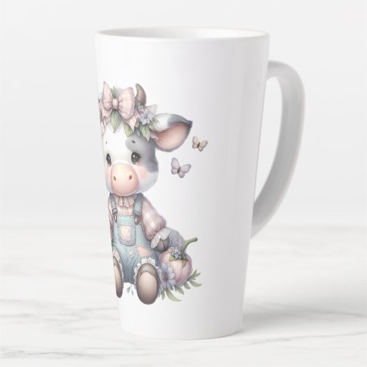 Niedliche Pastell Babykuh in Overalls mit Blume Milchtasse (Rechte Ecke)