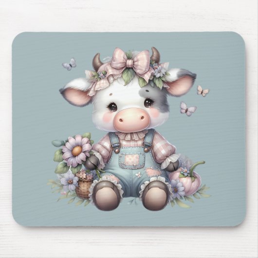 Niedliche Pastell Babykuh in Overalls mit Blume Mousepad (Vorne)