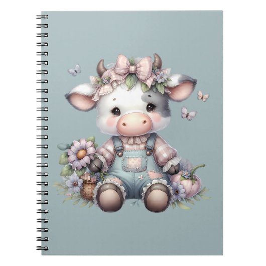 Niedliche Pastell Babykuh in Overalls mit Blume Notizblock (Vorderseite)