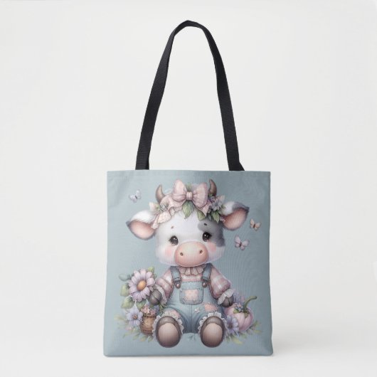 Niedliche Pastell Babykuh in Overalls mit Blume Tasche (Vorderseite)