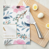Niedliche Pastell Blue Watercolor Blume Monogramm Geschirrtuch (Viertel Falte)