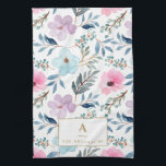 Niedliche Pastell Blue Watercolor Blume Monogramm  Geschirrtuch<br><div class="desc">Niedliche Pastel Light Blue and Pink Aquarell Blume Muster Küchentücher</div>