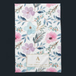Niedliche Pastell Blue Watercolor Blume Monogramm  Geschirrtuch<br><div class="desc">Niedliche Pastel Light Blue and Pink Aquarell Blume Muster Küchentücher</div>