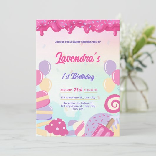 Niedliche Pastell Candy Birthday Invivation Card Einladung (Stehend Vorderseite)