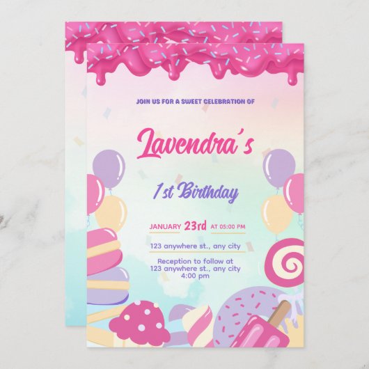 Niedliche Pastell Candy Birthday Invivation Card Einladung (Vorne/Hinten)