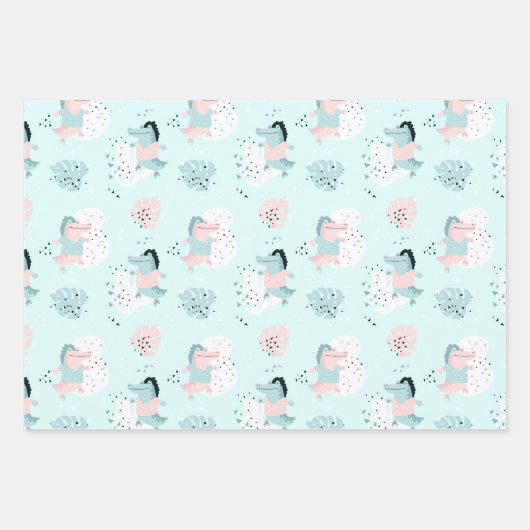 Niedliche Pastell-Jungle-Alligatoren Wrapping Pape Geschenkpapier Set (Vorderseite)