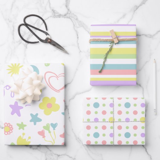 Niedliche Pastell-Liebe Lächeln Polka Dot Streifen Geschenkpapier Set (Vorderseite)