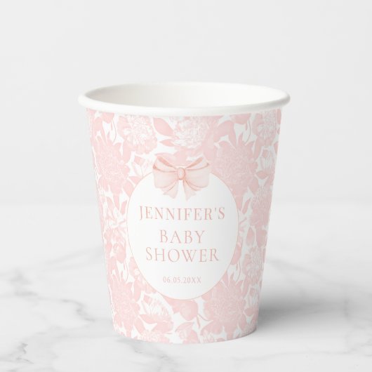 Niedliche pastellrosa Bugband Babydusche Pappbecher (Vorderseite)