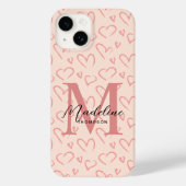 Niedliche Pastellrosa Herz-Muster-Script Monogram Case-Mate iPhone Hülle (Rückseite)