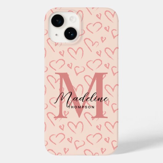 Niedliche Pastellrosa Herz-Muster-Script Monogram Case-Mate iPhone Hülle (Rückseite)