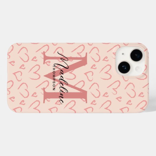 Niedliche Pastellrosa Herz-Muster-Script Monogram Case-Mate iPhone Hülle (Rückseite (Horizontal))